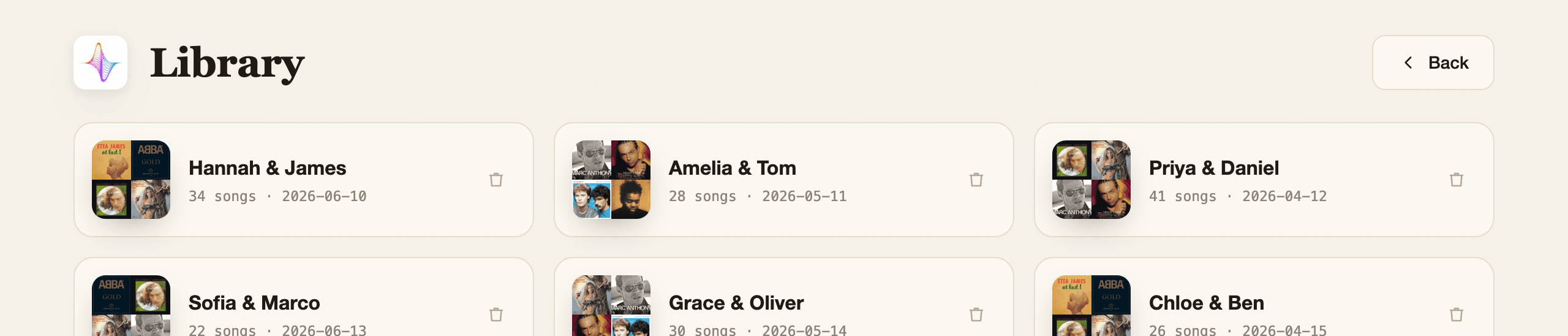 Setlist's library: six saved weddings, each under the couple's name with a mosaic of the album covers found