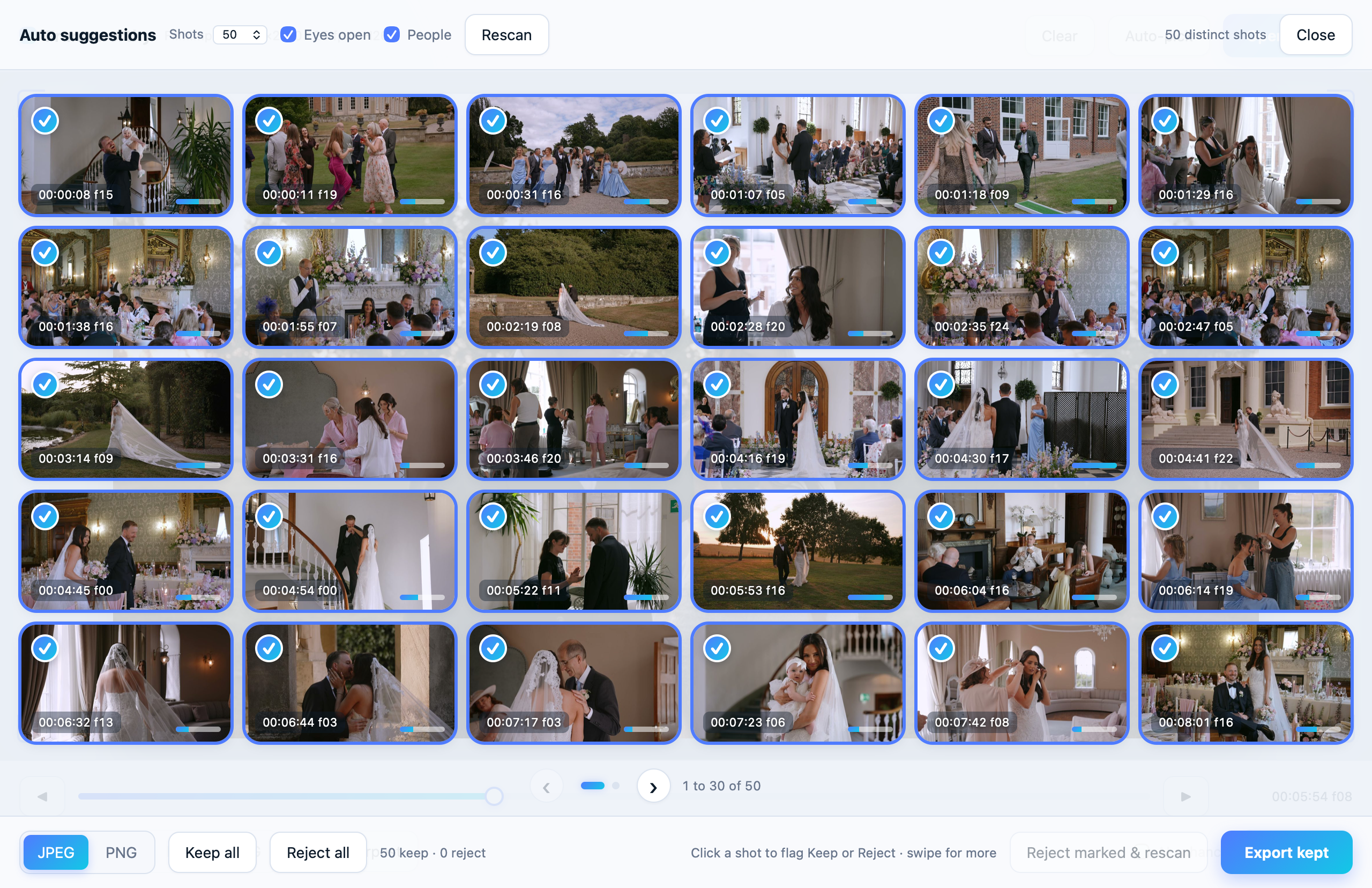 Frameworthy's Auto suggestions view: thirty of fifty stills picked from a whole wedding film, each with its timecode, ready to keep or reject, with a pager to swipe through the rest and export in one go