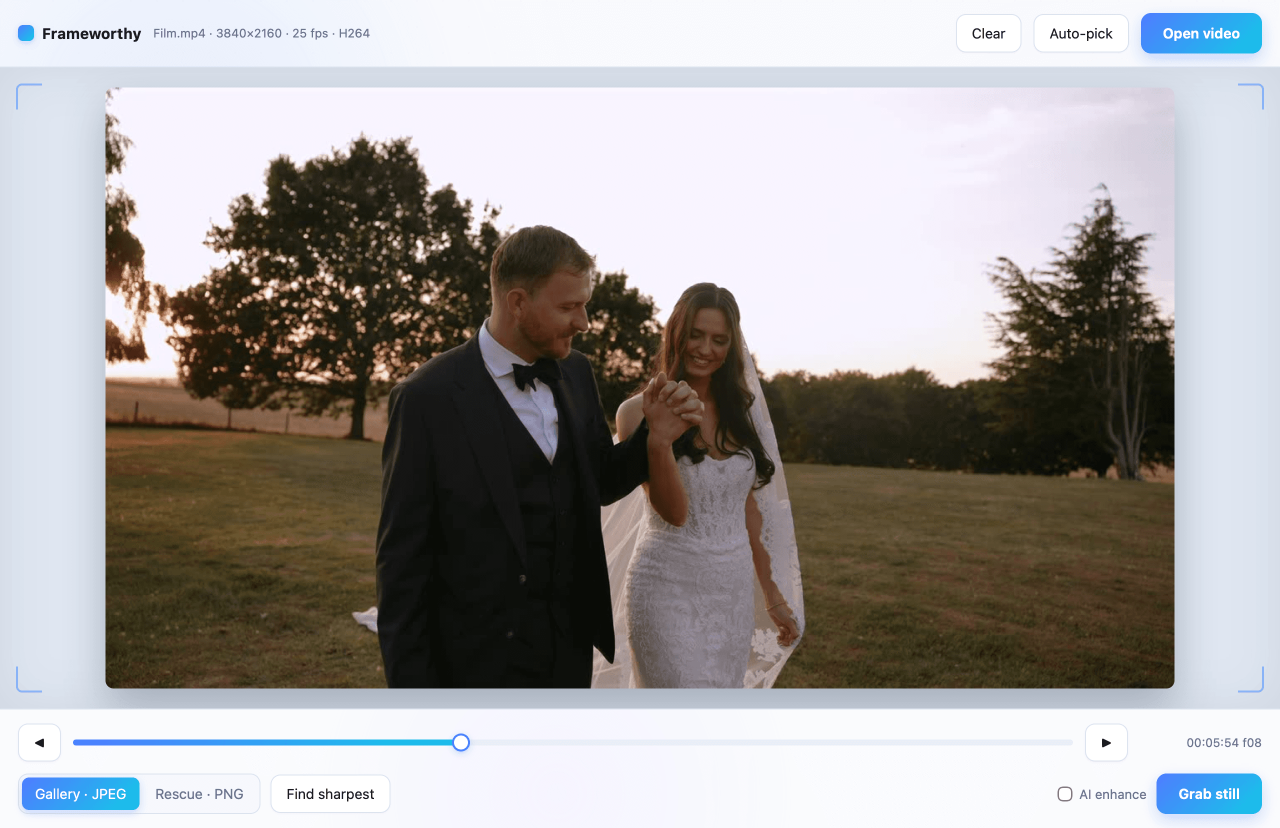 Frameworthy paused on a golden-hour frame of a couple walking hand in hand across a field, a frame-accurate scrubber underneath and a Grab still button ready