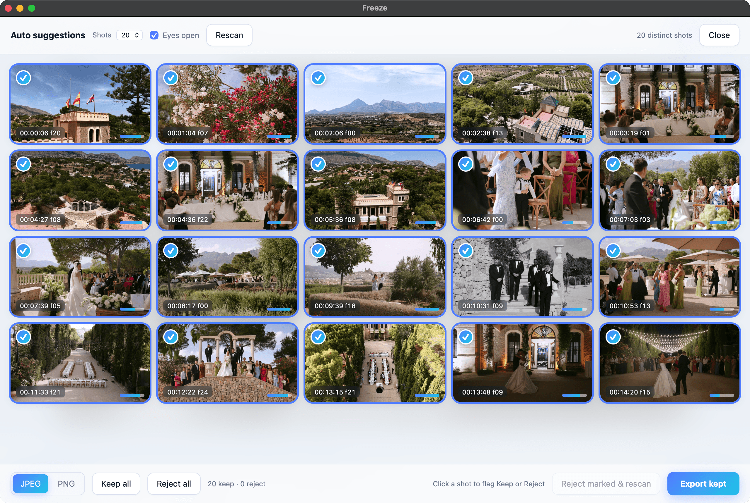 Freeze's Auto suggestions view: twenty stills picked from a whole wedding film, each with its timecode, ready to keep or reject and export in one go