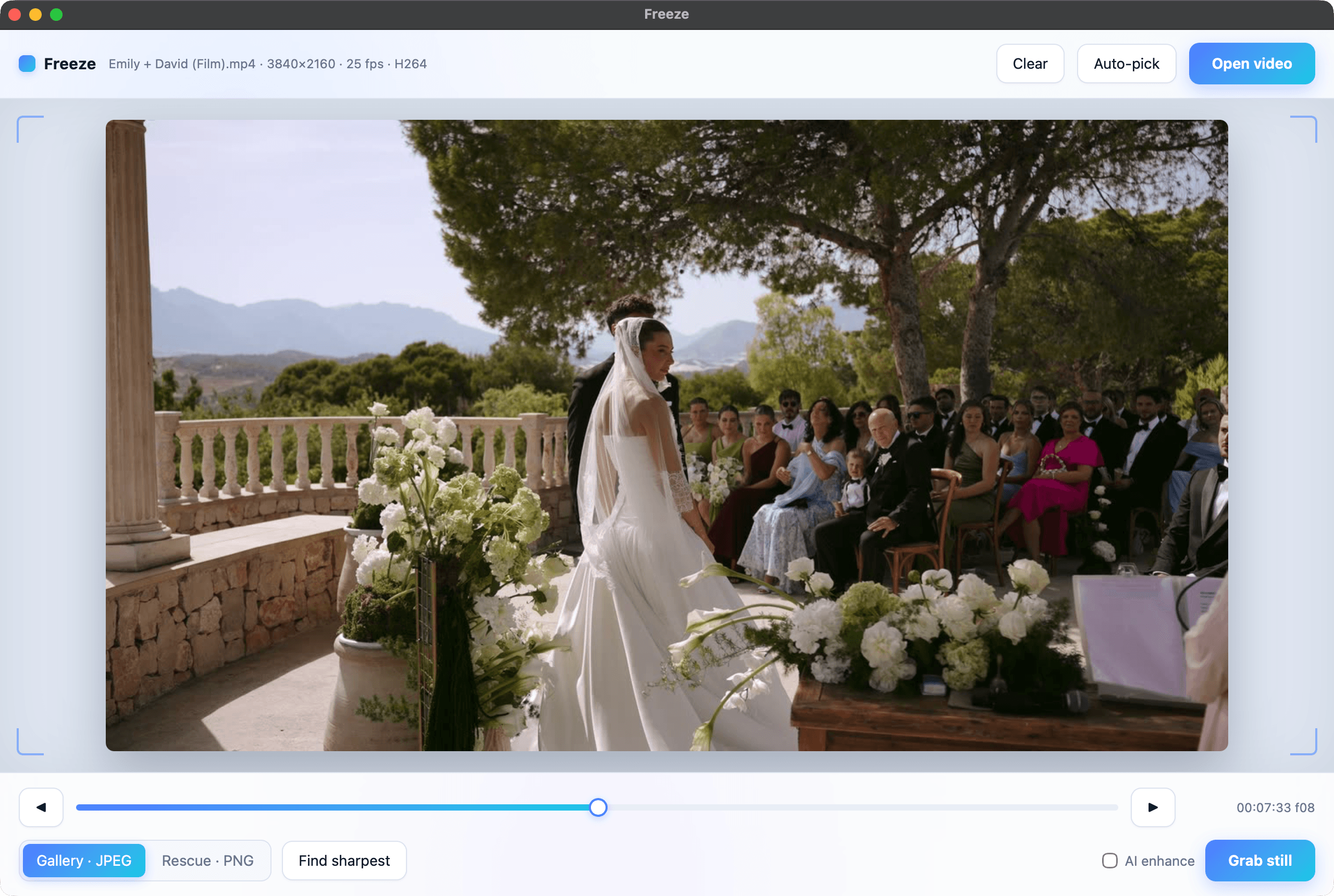 Freeze paused on a wedding ceremony frame: the bride at the altar with mountains behind, a frame-accurate scrubber underneath and a Grab still button ready