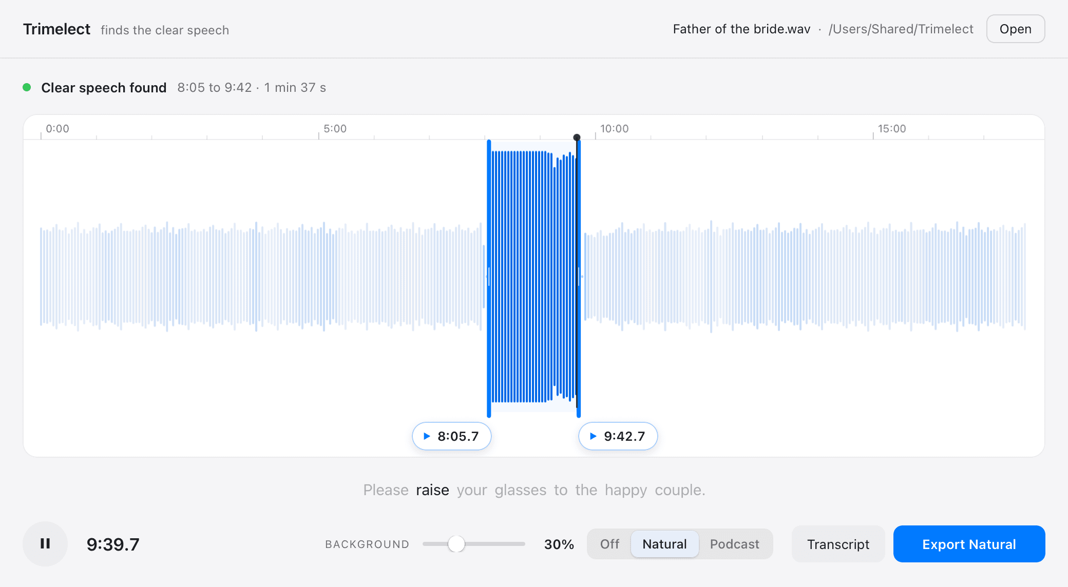 Trimelect with an eighteen minute speech recording open: the clear speech found and marked between 8:05 and 9:42, the transcript running under the timeline, and Natural clean-up on with 30 per cent of the room kept