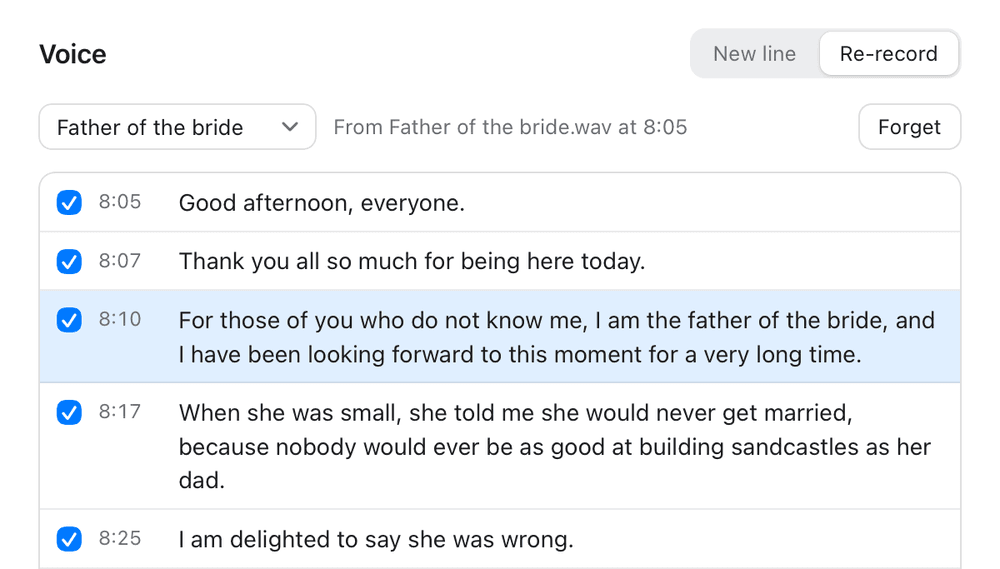 Trimelect’s Voice sheet on Re-record: a saved voice called Father of the bride, learned from the recording at 8:05, and the speech’s lines from 8:05 onwards, each ticked and editable, the line at 8:10 lit as its take plays