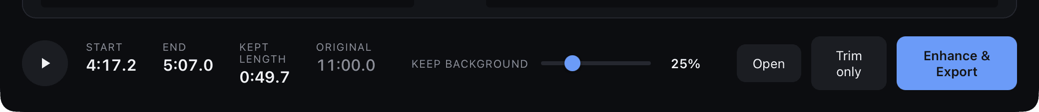 Trimma's control bar: Start 4:17.2, End 5:07.0, Kept length 0:49.7 out of an original 11:00.0, with the Keep background slider pulled down to 25 per cent beside the Trim only and Enhance and Export buttons