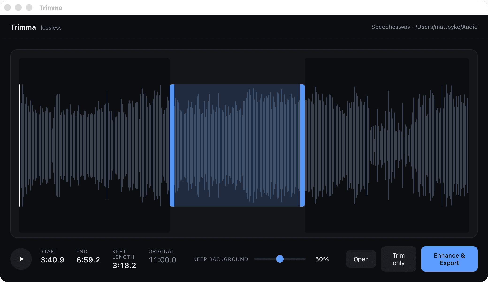 Trimma with a speech recording open: the full waveform across the window, two handles holding a selection in the middle, and Start, End and Kept length reading underneath